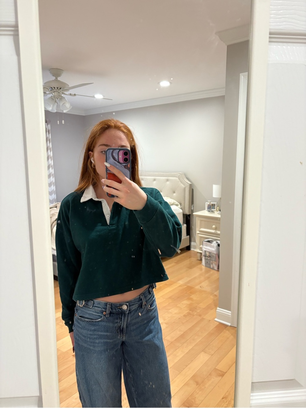 Cropped Dark Green Rugby Polo with White Collar